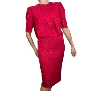 Vintage 80s Maggy London 100% silk red belted floral midi shift dress 6